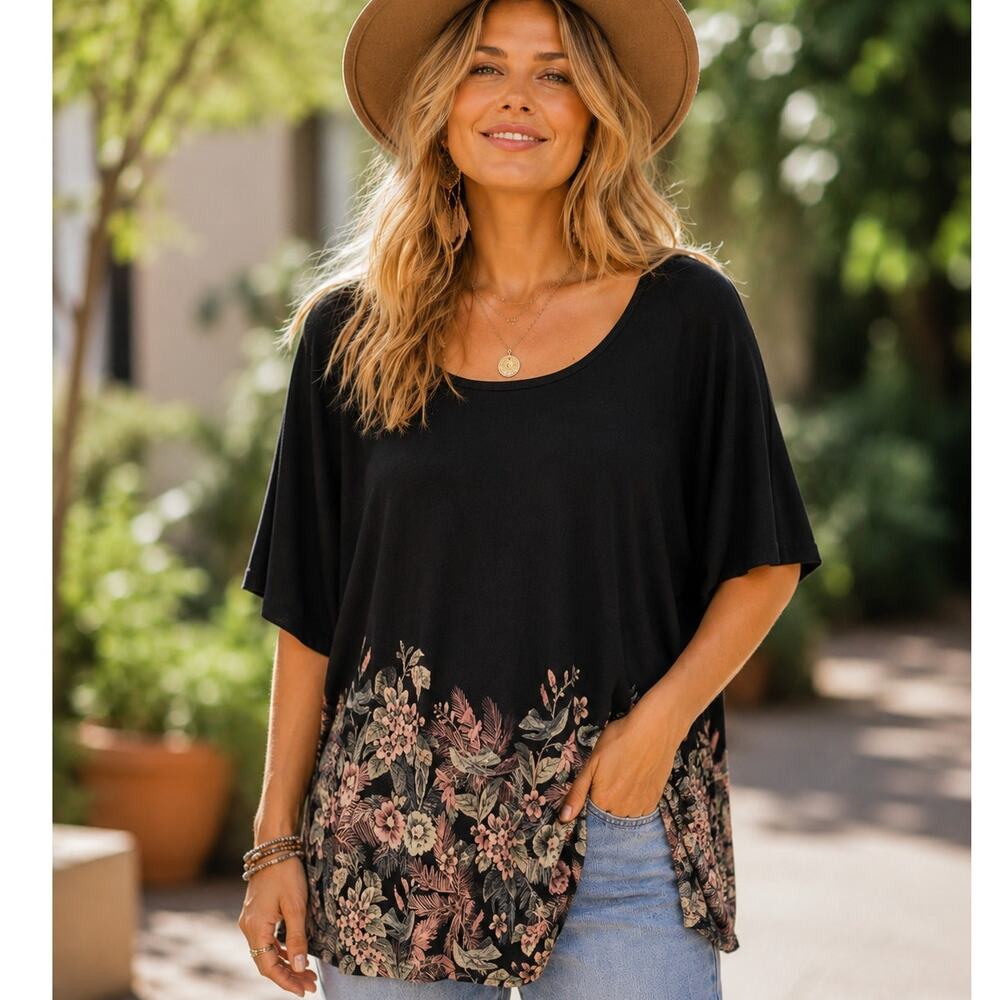 J. Jill Wearever Collection Floral Humming Bird Top Womens XL Black Tunic Tee